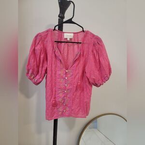 Cleobella Amari Blouse Puff Sleeve Indian Block Print all cotton Large Hot Pink